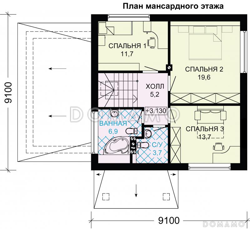 Проект дома из газобетона с мансардным окном / План мансардного этажа