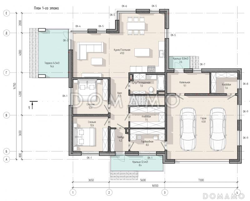 Проект современного дома с 5 спальнями, гаражом на 2 машины и террасой на втором уровне / План 1 этажа