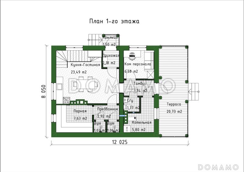 Проект мансардного дома с встроенной сауной, крытой террасой и кабинетом / План 1 этажа