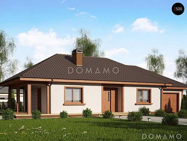 Проект компактного одноэтажного дома из газобетона с двумя спальнями и боковой террасой и пристроенным гаражом Проект компактного одноэтажного дома из газобетона с двумя спальнями и боковой террасой и пристроенным гаражом