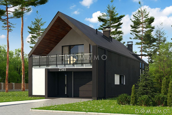 Проект аккуратного современного мансардного дома из газобетона с  гаражом и террасой над входом