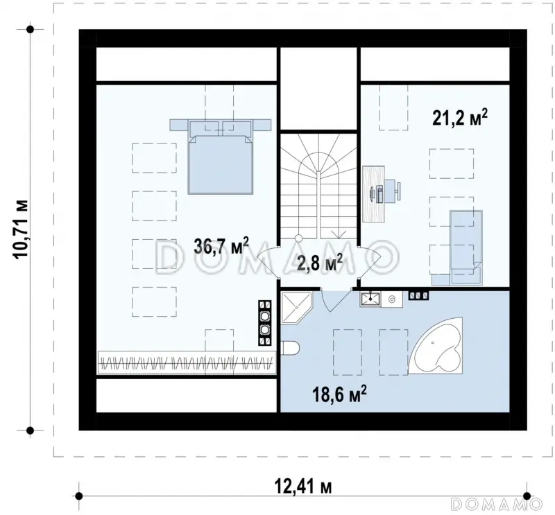 Проект одноэтажного дома из газобетона с тремя спальнями и небольшой крытой угловой террасой, с жилой мансардой / План мансардного этажа