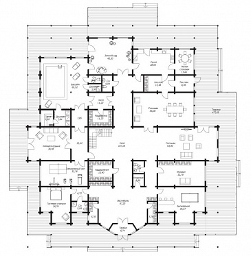 Проект дома из клееного бруса с террасой площадью более 470 м2 / План 1 этажа Проект дома из клееного бруса с террасой площадью более 470 м2 / План 1 этажа