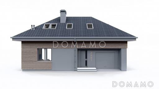 Проект комфортного одноэтажного загородного дома с мансардой, гаражом, санузлом на первом этаже, просторной дневной зоной / Фасад 3