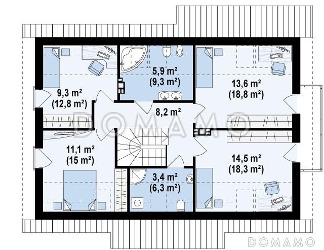 Проект одноэтажного мансардного дома из кирпича с эркером в столовой зоне, кабинетом и со встроенным гаражом / План мансардного этажа
