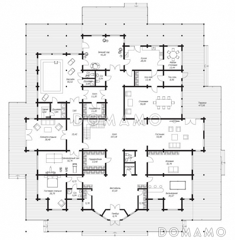 Проект дома из клееного бруса с террасой площадью более 470 м2 / План 1 этажа Проект дома из клееного бруса с террасой площадью более 470 м2 / План 1 этажа