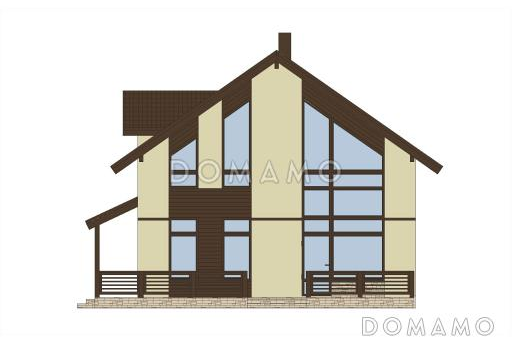 Проект дома из газобетона с двусветной гостиной, крытой террасой и островным камином / Фасад 1