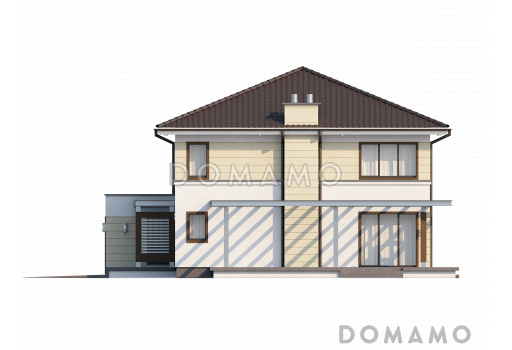 Проект просторного современного двухэтажного дома из газобетона, с четырьмя комнатами, гаражом и вторым светом над гостиной / Фасад 4