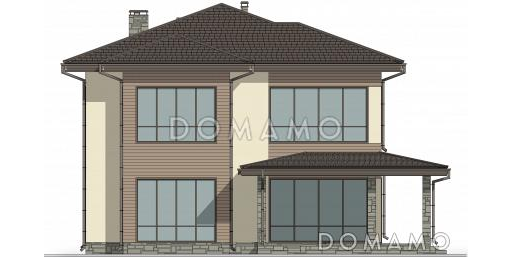 Проект двухэтажного дома с 3 спальнями, крытой террасой и панорамными окнами / Фасад 2