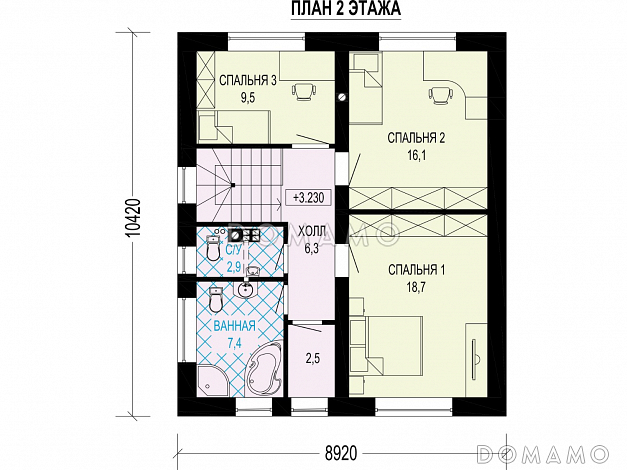 Проект загородного дома в стиле Барнхаус с тремя санузлами, гостиной с камином, кладовой у крыльца / План 2 этажа Проект загородного дома в стиле Барнхаус с тремя санузлами, гостиной с камином, кладовой у крыльца / План 2 этажа