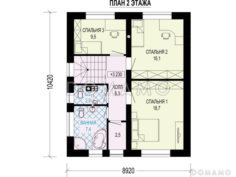 Проект загородного дома в стиле Барнхаус с тремя санузлами, гостиной с камином, кладовой у крыльца / План 2 этажа