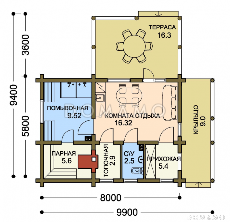 Проект бани c с террасой / План 1 этажа