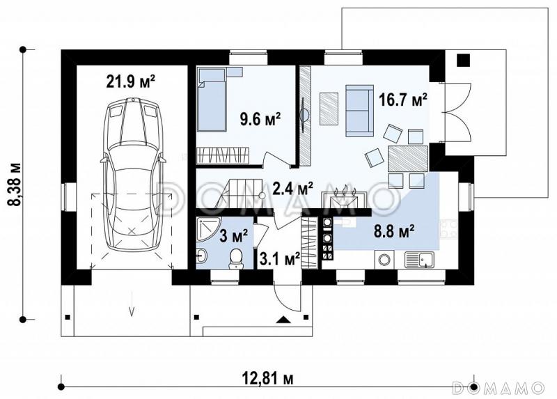Проект мансардного дома из газобетона с четырьмя спальнями и гаражом  / План 1 этажа