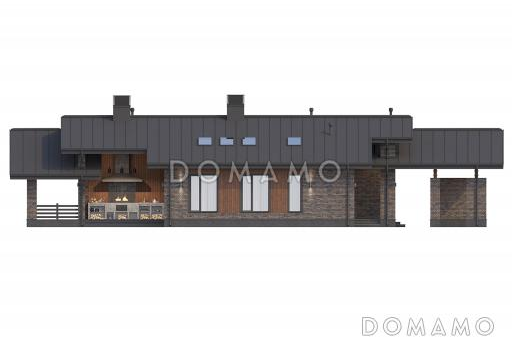 Проект одноэтажного дома с тремя спальнями, крытой террасой, навесом для двух автомобилей / Фасад 4