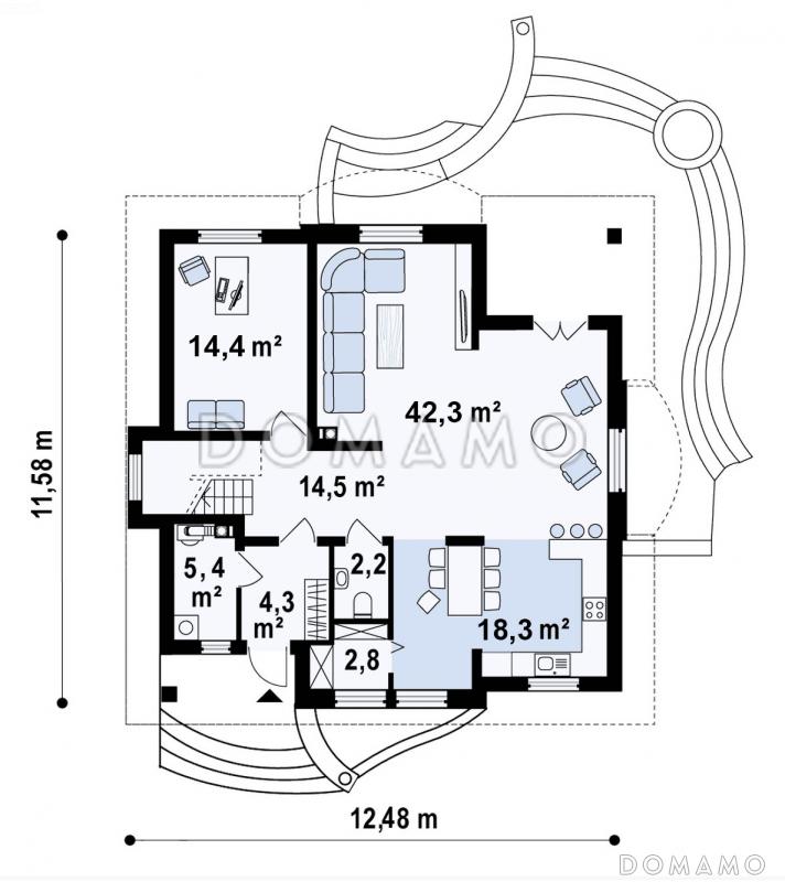 Проект мансардного дома из кирпича с тремя спальнями, кабинетом и красивыми балкончиками / План 1 этажа