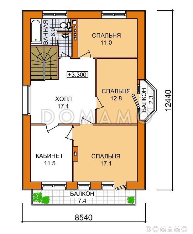 Проект двухэтажного дома с тремя спальными комнатами, кабинетом и небольшим балконом / План мансардного этажа