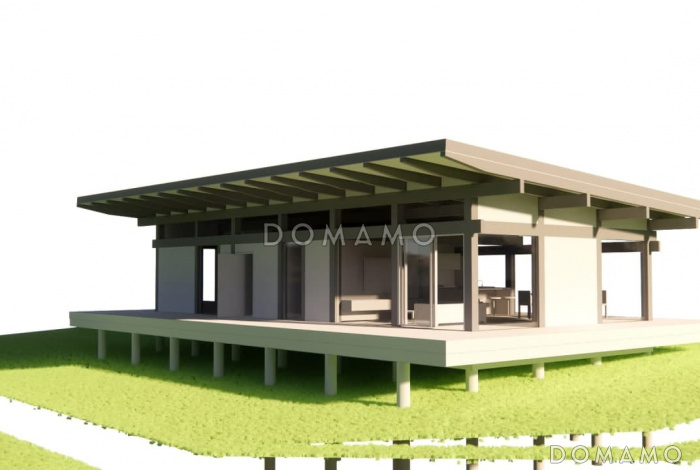 одноэтажный фахверк с плоской кровлей