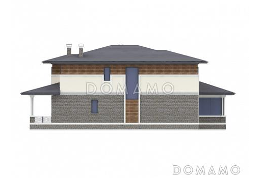 Проект двухэтажного дома в стиле Райта с кухней-столовой, застекленной террасой, постирочной на втором этаже / Фасад 4