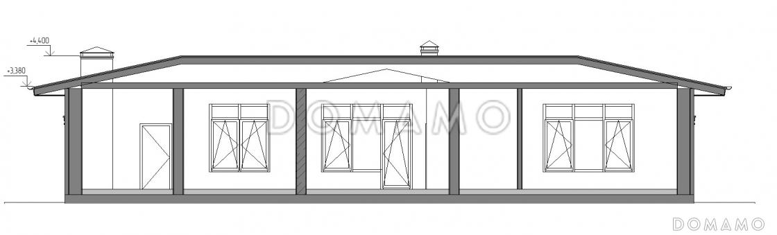 Проект одноэтажного дома с двумя террасами, кухней и гостиной в центральной части дома, сауной / 7