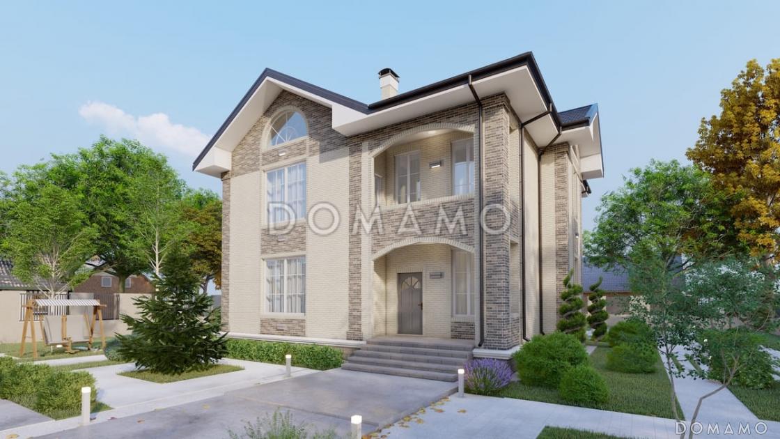 Проект двухэтажного дома с эркерной гостиной, камином и крытой террасой / 1