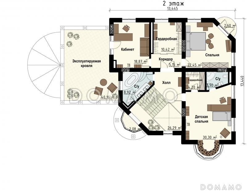 Проект загородного дома с цокольным этажом, бассейном, кабинетом, эксплуатируемой кровлей / План 2 этажа