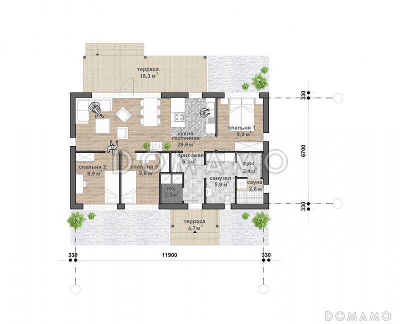С-121 одноэтажный дом  / План 1 этажа