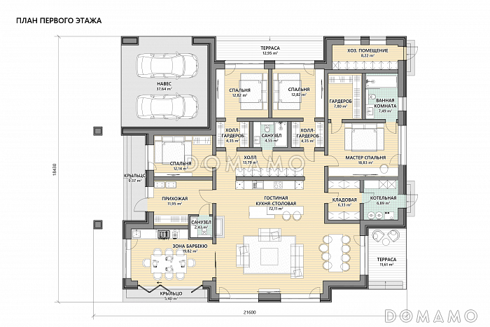 Проект дома по каркасной технологии с четырьмя спальнями, теплой зоной барбекю и навесом для двух автомобилей / План 1 этажа