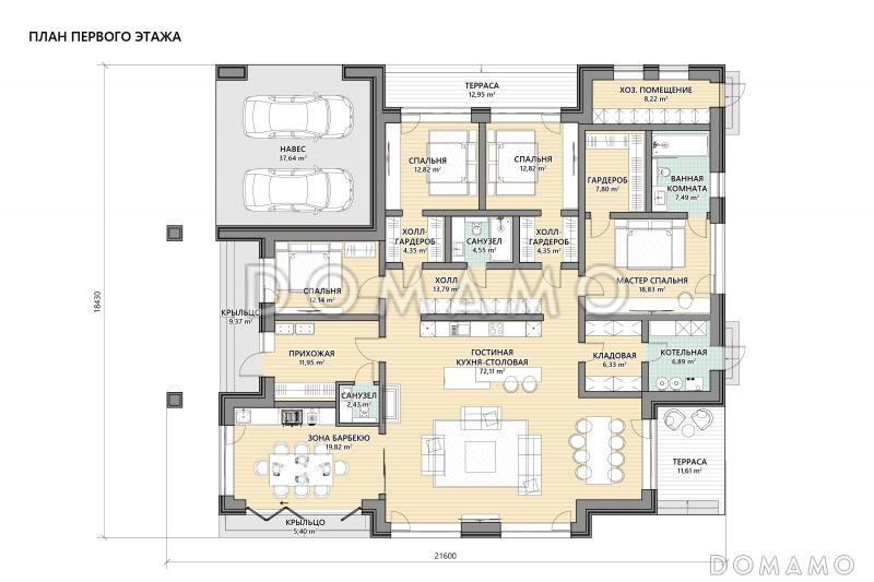 Проект дома по каркасной технологии с четырьмя спальнями, теплой зоной барбекю и навесом для двух автомобилей / План 1 этажа