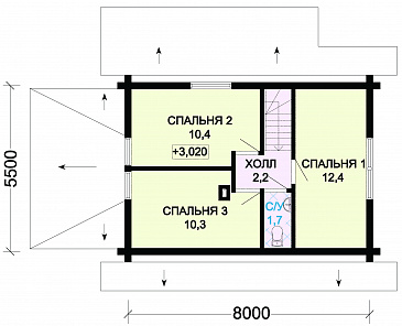 Проект компактного, деревянного дома с тремя спальнями и просторной гостинной / План мансардного этажа Проект компактного, деревянного дома с тремя спальнями и просторной гостинной / План мансардного этажа