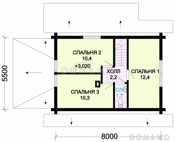 Проект компактного, деревянного дома с тремя спальнями и просторной гостинной / План мансардного этажа Проект компактного, деревянного дома с тремя спальнями и просторной гостинной / План мансардного этажа