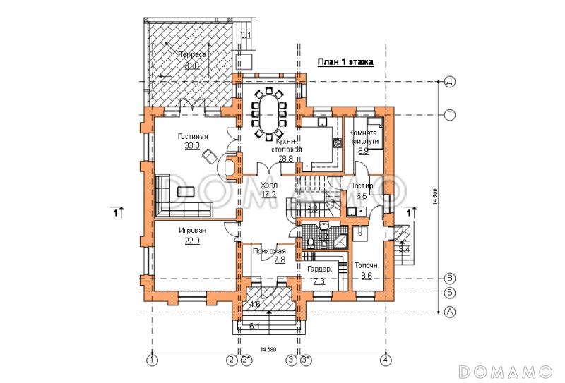 Проект двухэтажного коттеджа с террасой / План 1 этажа