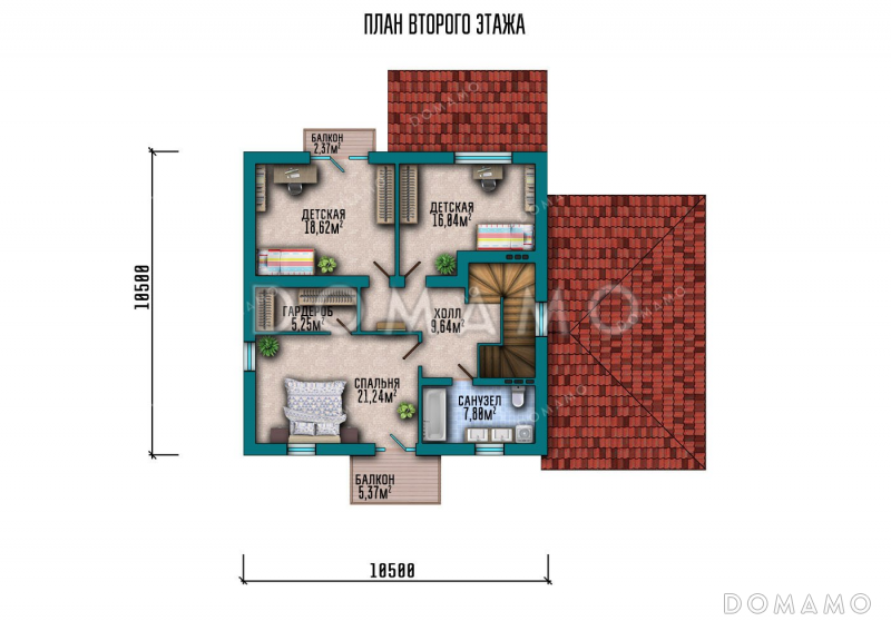 Проект двухэтажного дома с террасой и балконом / План 2 этажа