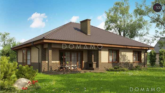 Проект одноэтажного дома из кирпича с облицовкой кирпичом с зоной барбекю на террасе