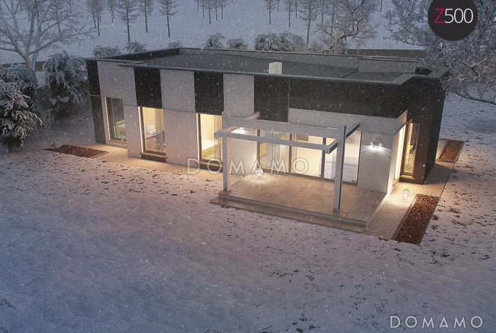 Проект современного одноэтажного дома из газобетона со светлой просторной гостиной и тремя спальнями в стиле хай-тек