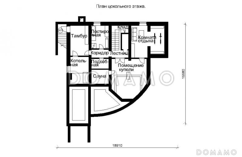 Проект трехэтажного дома с панорамными стеклами / План цокольного этажа Проект трехэтажного дома с панорамными стеклами / План цокольного этажа