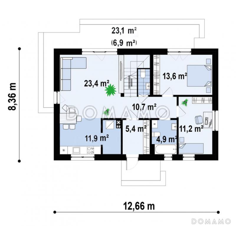 Проект небольшого загородного дома с большим чердаком, кладовой на кухне, двумя спальнями / План 1 этажа