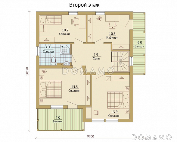 Проект каркасного дома с балконами на втором этаже / План мансардного этажа