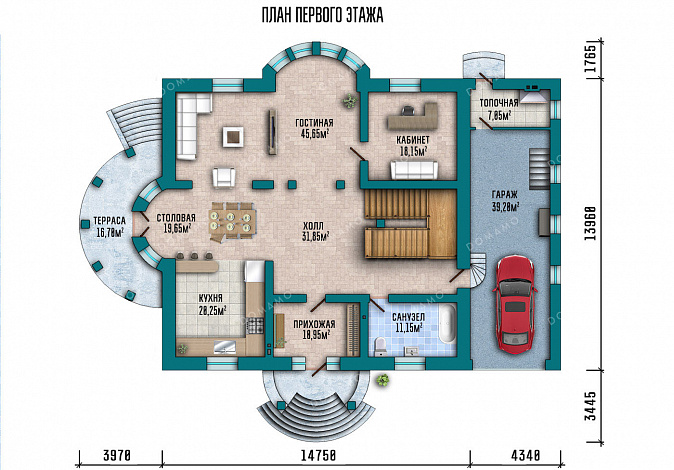 Проект усадьбы в классическом стиле с четырьмя спальнями, кабинетом, гаражом и подвалом / План 1 этажа