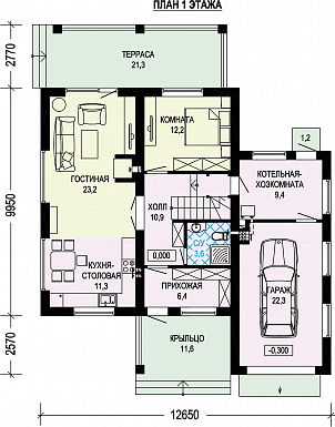 Проект двухэтажного дома с гаражом, террасой и тремя спальнями на втором этаже / План 1 этажа