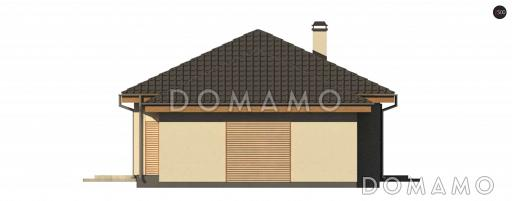 Проект одноэтажного дома из газобетона с тремя спальнями и небольшой крытой угловой террасой, увеличенная версия 273 с гаражом / Фасад 2