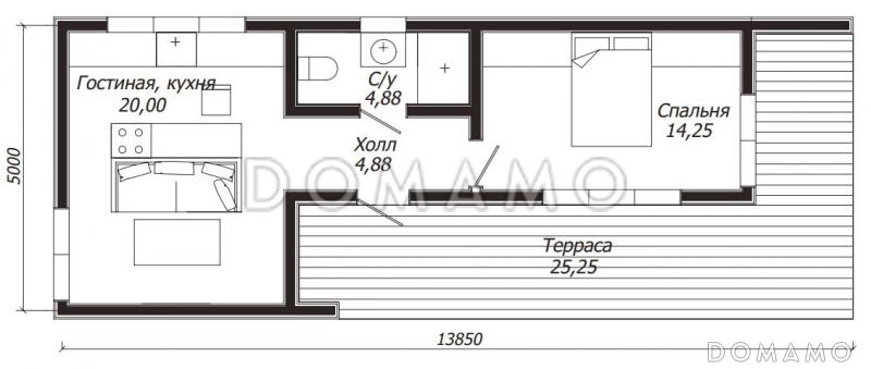 Проект небольшого каркасного дома с панорамным остеклением / План 1 этажа