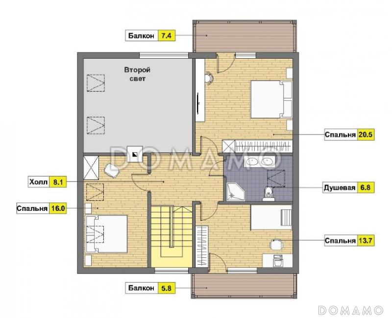 Проект каркасного дома с угловой террасой / План мансардного этажа
