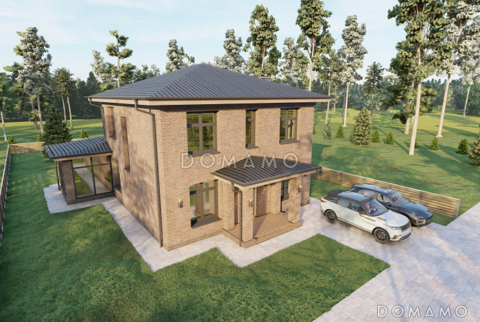 Проект двухэтажного дома с верандой, 4 спальнями, кухней-гостиной и местами для хранения Проект двухэтажного дома с верандой, 4 спальнями, кухней-гостиной и местами для хранения