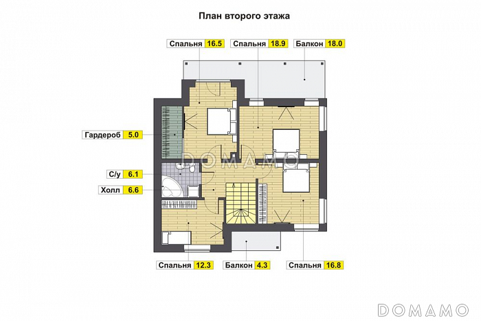 Проект дома с двумя балконами на мансардном этаже / План мансардного этажа Проект дома с двумя балконами на мансардном этаже / План мансардного этажа