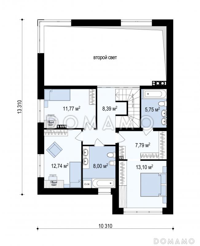 Проект современного двухэтажного дома из газобетона с плоской крышей, четырьмя комнатами, вторым светом и гаражом / План 2 этажа