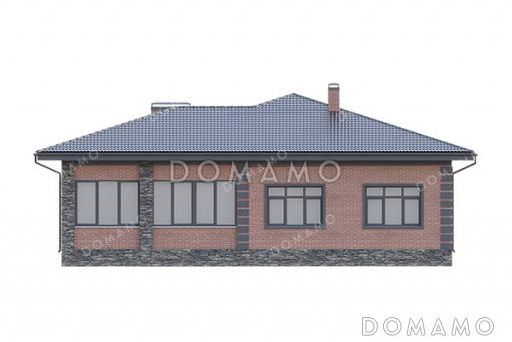 Проект уютного одноэтажного дома с крытой террасой, застекленной верандой, тремя спальнями и двумя санузлами / Фасад 2