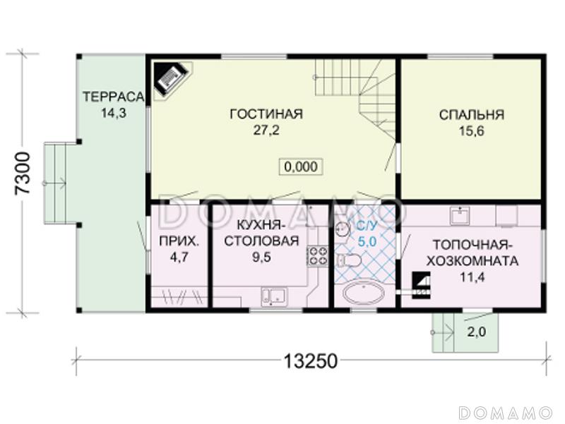 Проект одноэтажного дома из бруса с мансардой и двумя террасами на обоих этажах по всей ширине дома / План 1 этажа