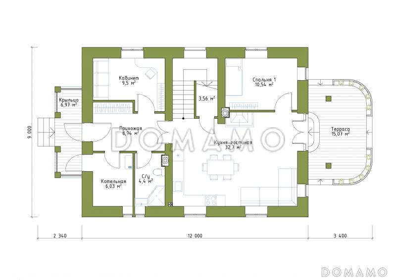 Проект небольшого особняка в классическом стиле из СИП панелей / План 1 этажа