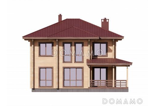 Проект двухэтажного дома из бруса с кабинетом, 4 спальнями и большой гардеробной у входа / Фасад 3