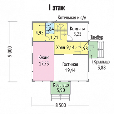 Проект современного дома из клееного бруса с двумя небольшими балконами на втором этаже / План 1 этажа Проект современного дома из клееного бруса с двумя небольшими балконами на втором этаже / План 1 этажа